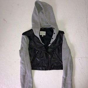 Cropped faux leather jacket with built in hoodie